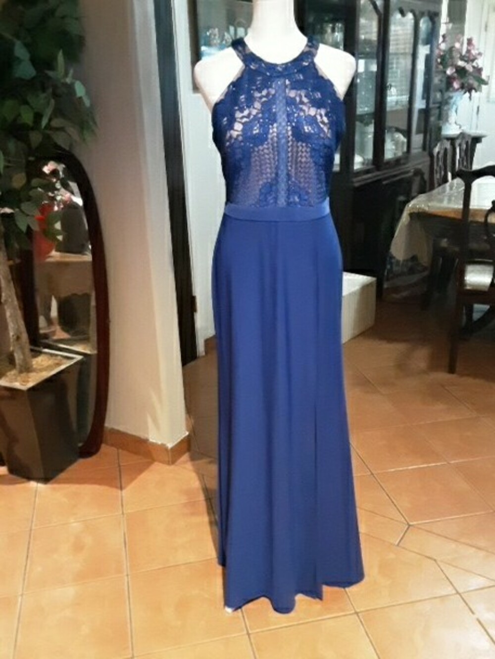 Night Way Collections Royal Blue Lace Halter Maxi Dress